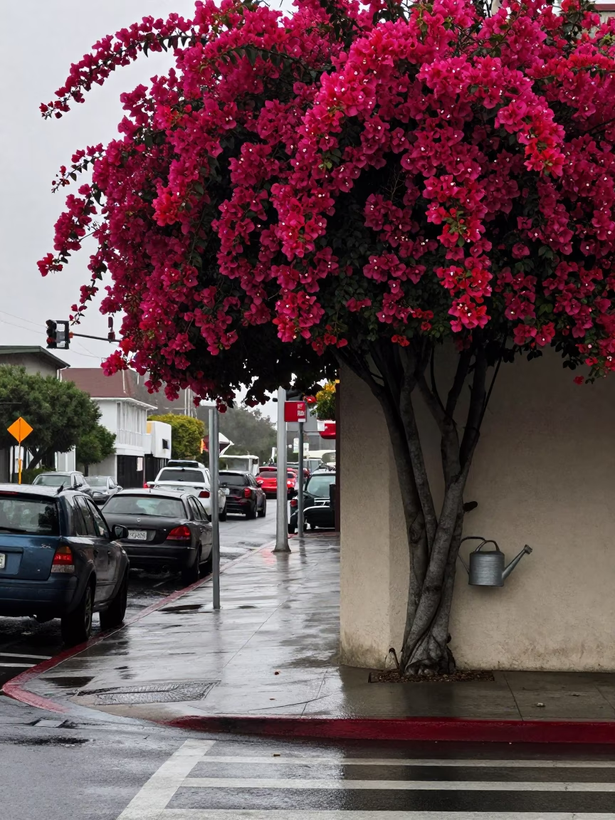 San Diego Street Corner After Rain with Bougainvillea and Watering Can in in San Diego, California, United States