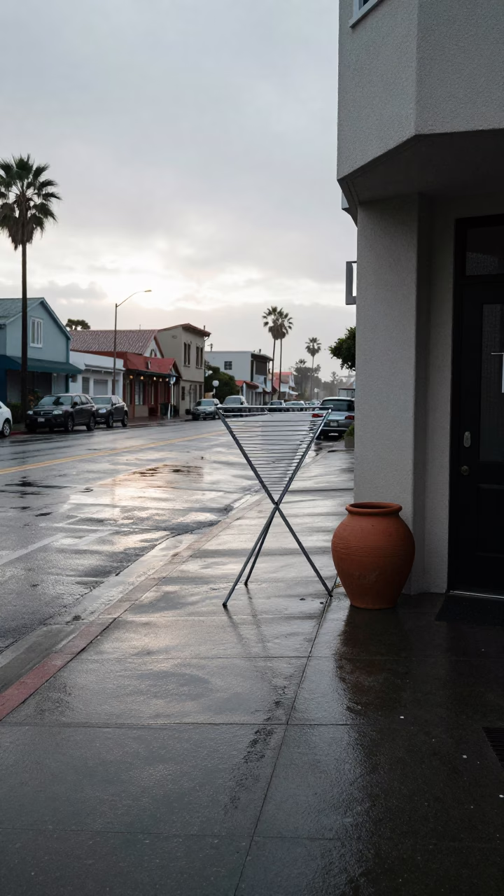 San Diego Street Corner After Rain with Drying Rack and Clay Pot in in San Diego, California, United States