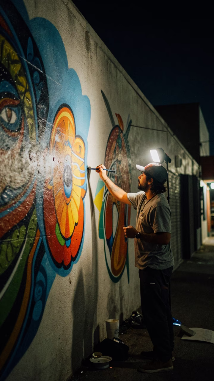 San Diego street mural artist painting at night with vintage Bakelite telephone on desk in in San Diego, California, United States