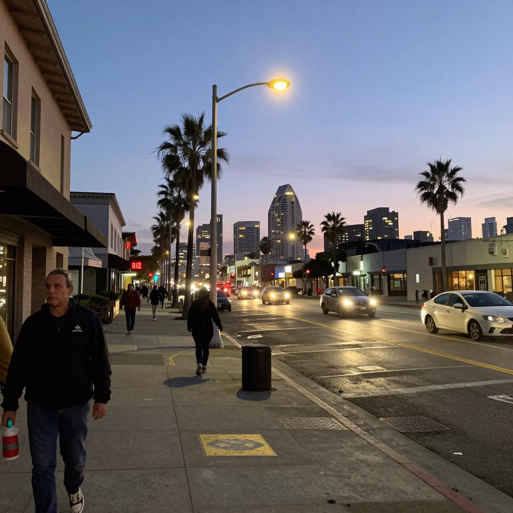 San Diego Street Scene at Dusk with Condensation and Urban Details in in San Diego, California, United States