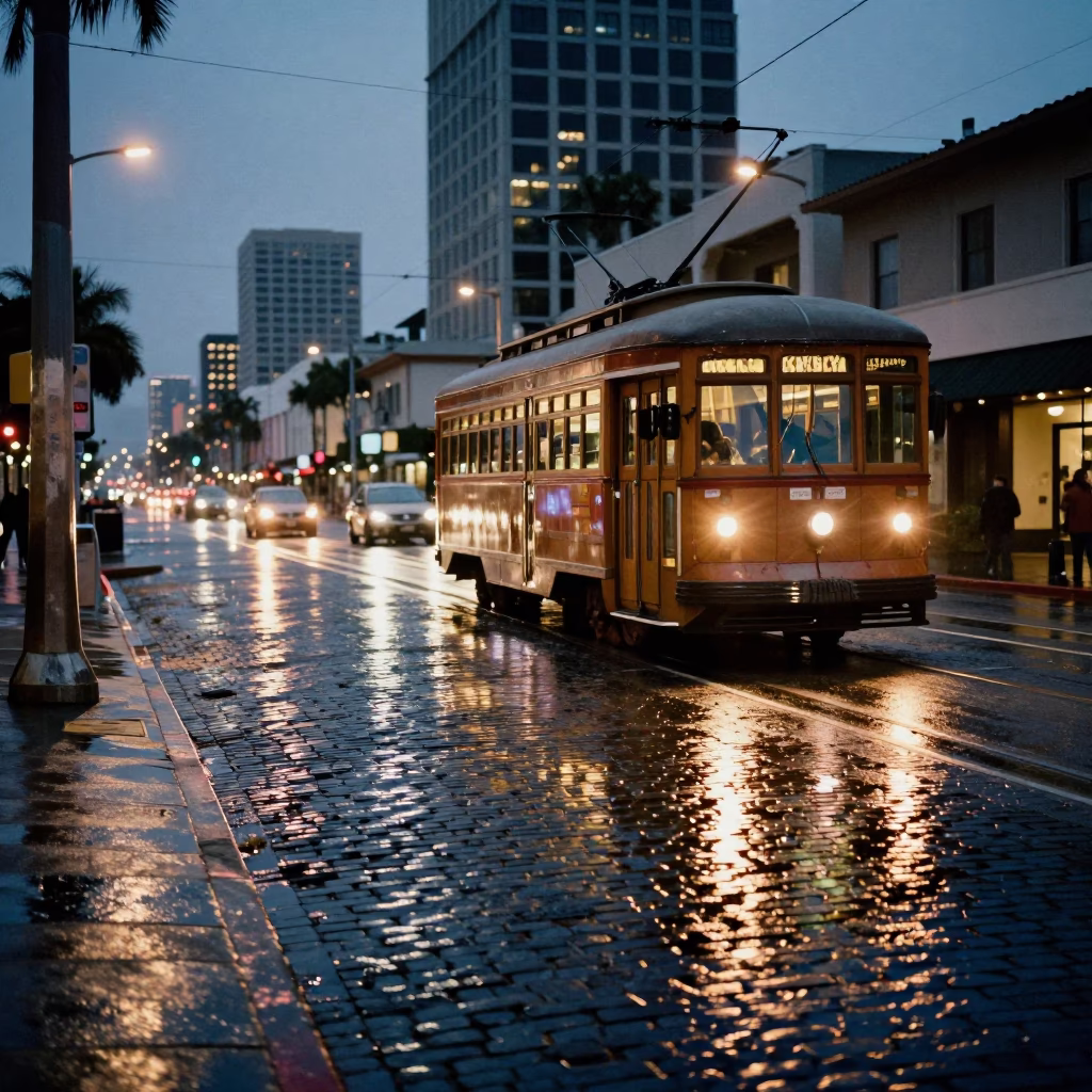 San Diego Street Scene at Dusk with Tramcar Reflection on Wet Cobblestones in in San Diego, California, United States