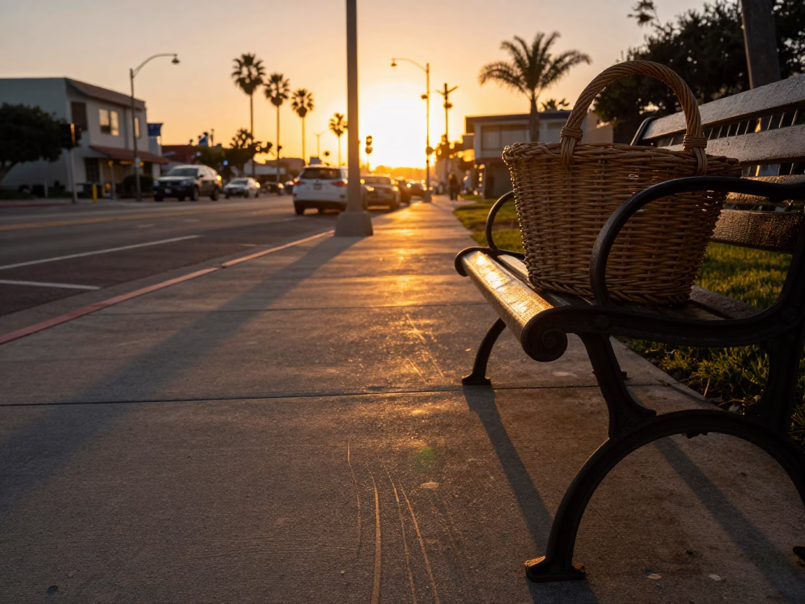 San Diego Street Scene at Sunset with Wicker Shadow and Newspaper Stack in in San Diego, California, United States
