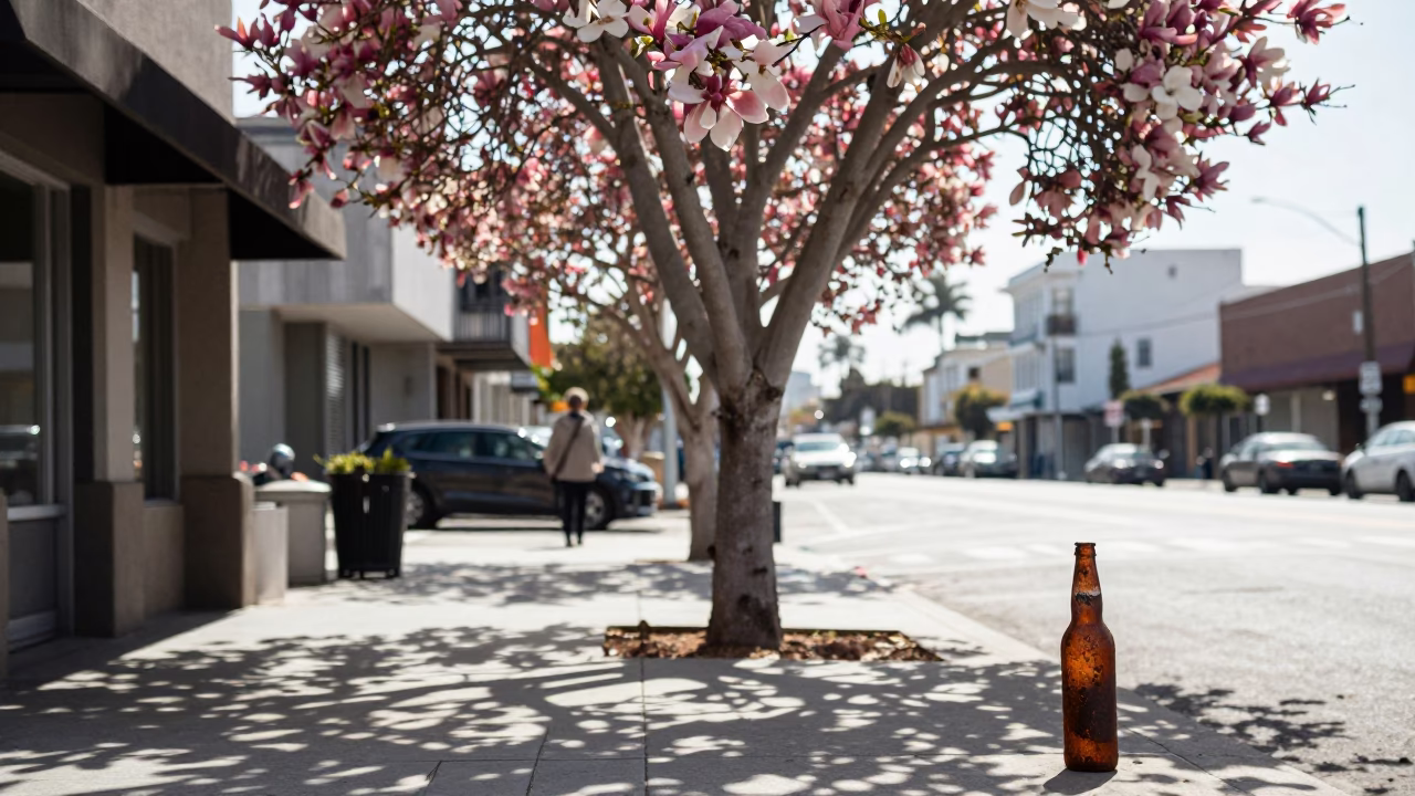 San Diego Street Scene Early Afternoon with Rusty Bottle and Magnolia Bloom in in San Diego, California, United States