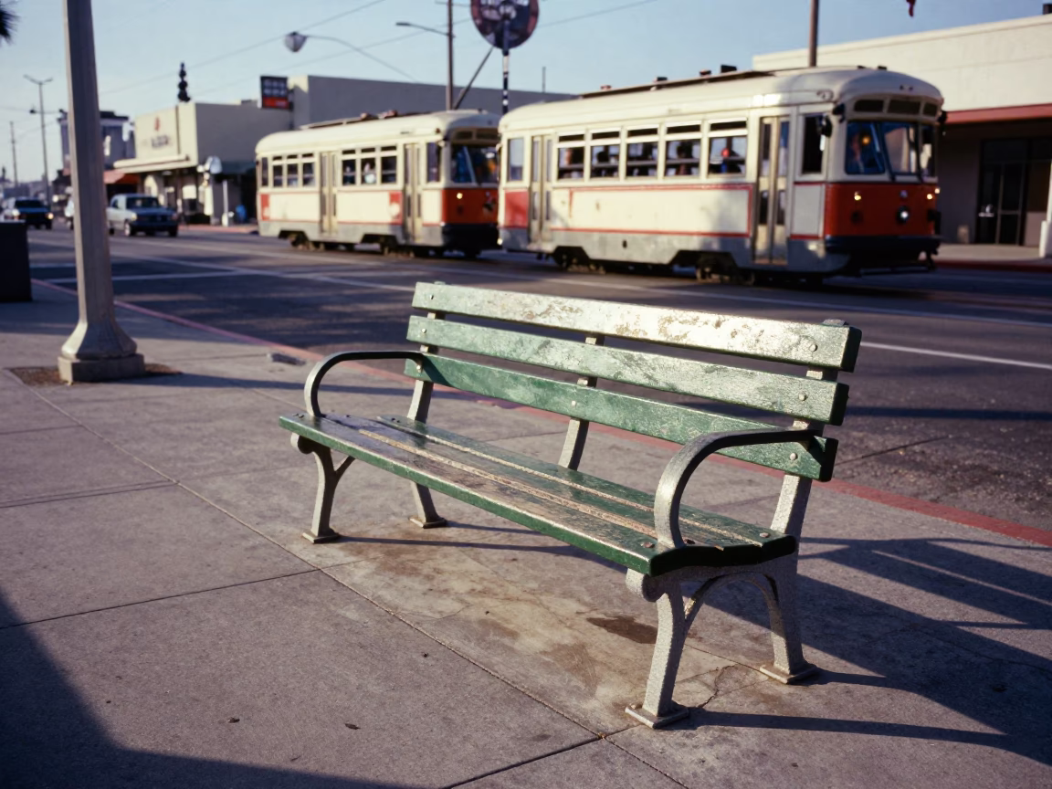 San Diego Street Scene with Park Bench and Tram in Late Afternoon Light in in San Diego, California, United States