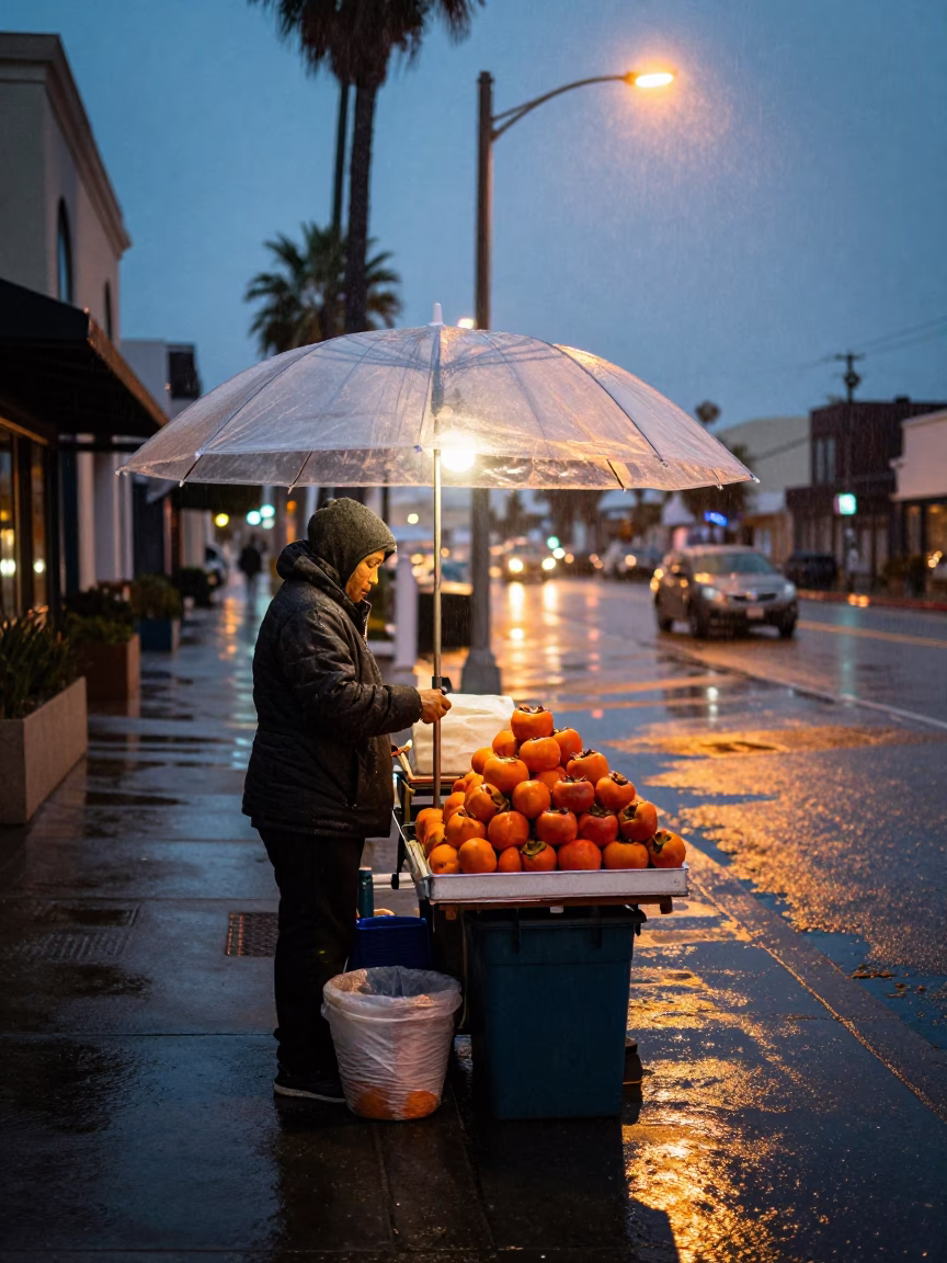San Diego Street Vendor Persimmons in Light Rain Dusk in in San Diego, California, United States