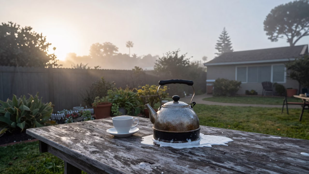 San Diego Sunrise Garden Scene with Soap Residue on Kettle and Cabbages in in San Diego, California, United States