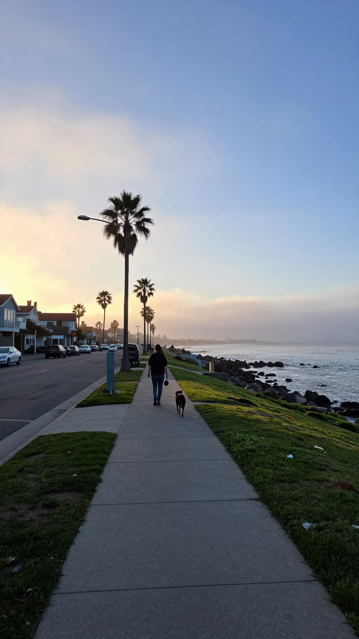 San Diego Sunrise Street Scene with Dog Walker and Coastal Fog in in San Diego, California, United States