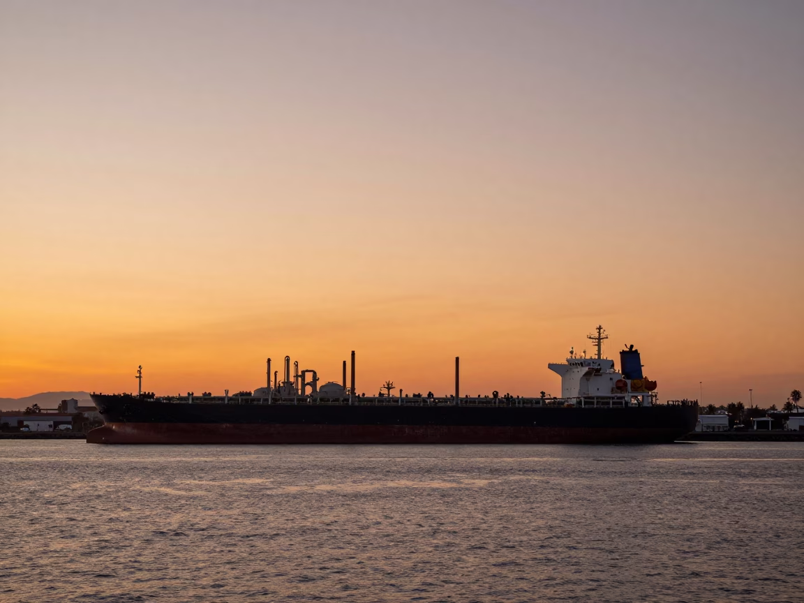 San Diego Sunset at the Port with Tanker Ship and Date Palm in in San Diego, California, United States