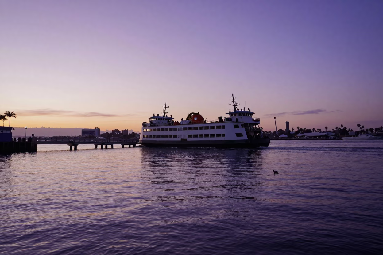 San Diego Sunset Chain Ferry Crossing Wide River with Duck Family on Pond Nearby in in San Diego, California, United States