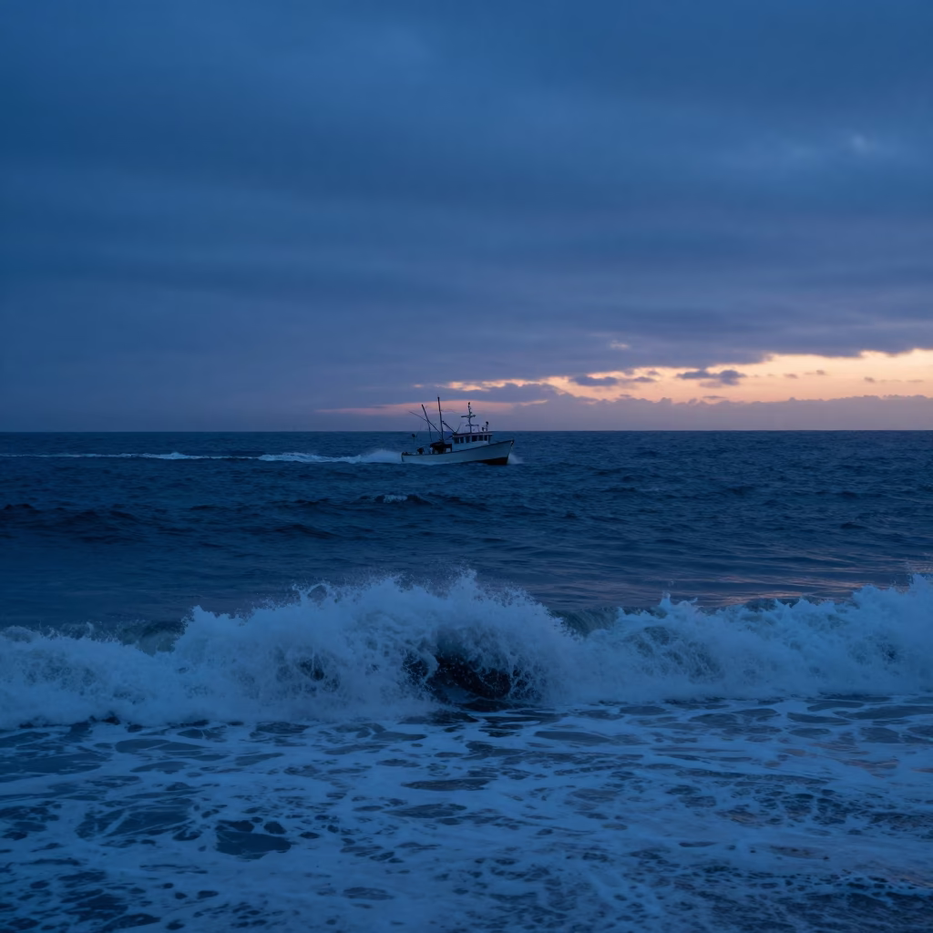 San Diego Sunset Coastline with Fishing Boat Returning Through Crashing Surf at Dusk in in San Diego, California, United States
