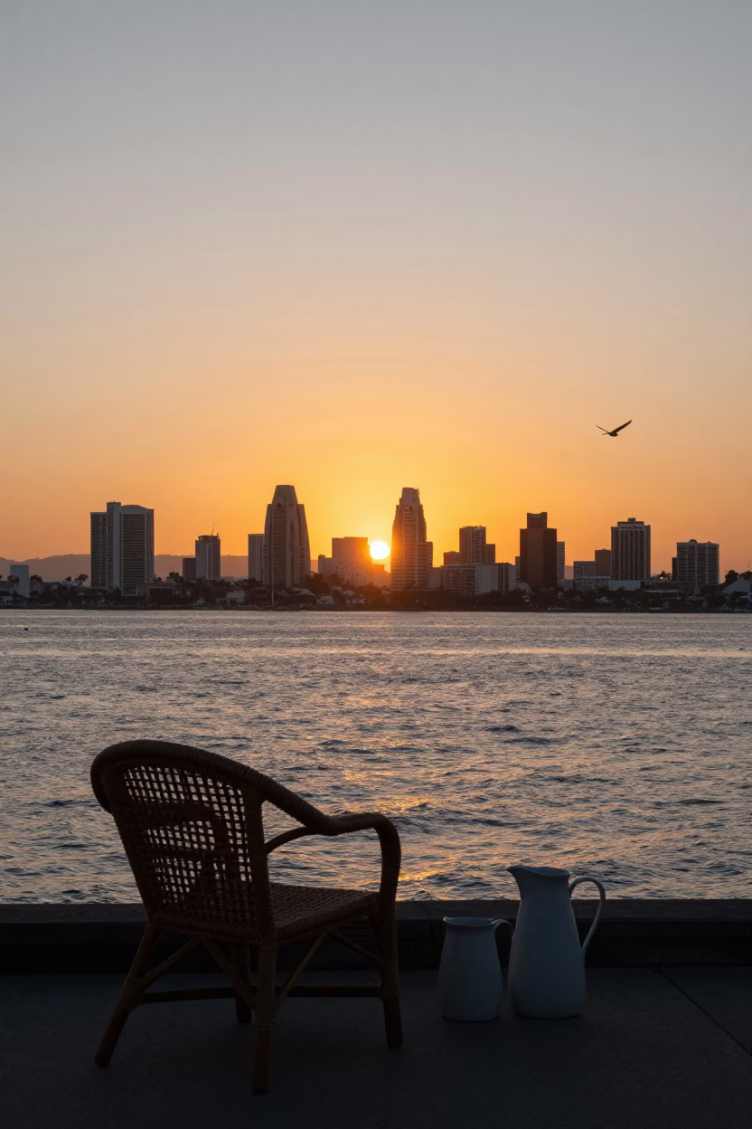 San Diego Sunset Over Harbor with Rattan Chair and Pitcher on Balcony in in San Diego, California, United States