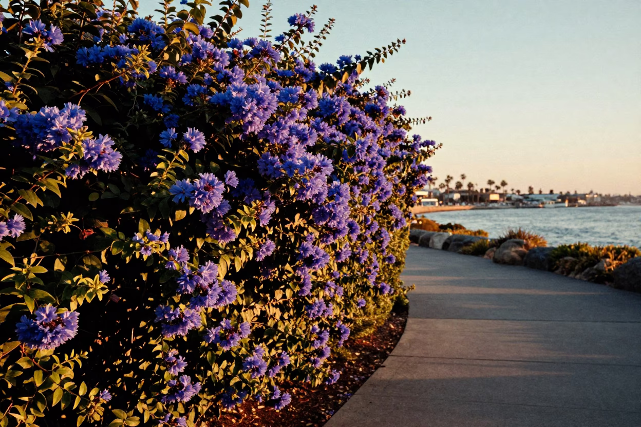 San Diego Sunset Plumbago Hedge Cornflower Blue Tidal Channel Waterfront View in in San Diego, California, United States
