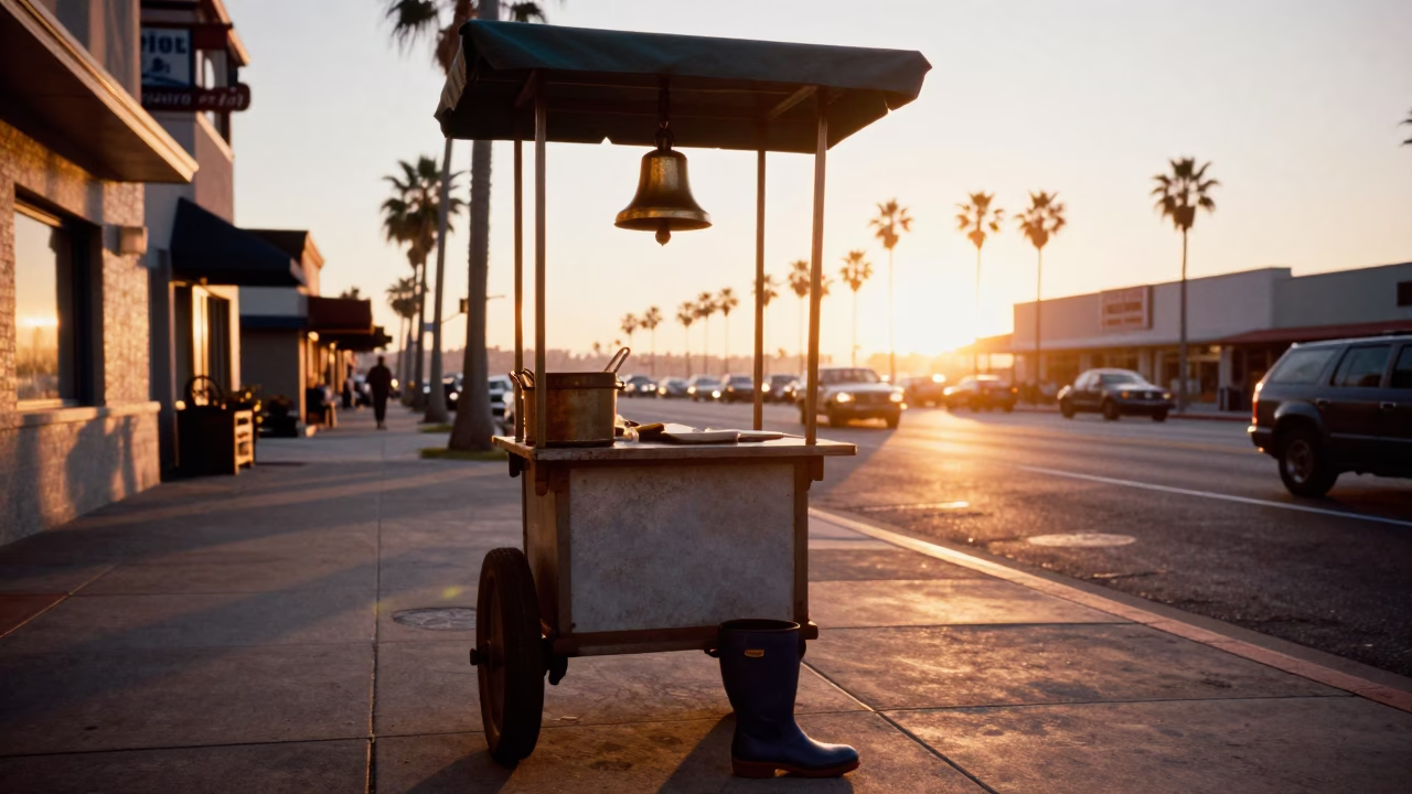 San Diego Sunset Street Scene with Bell and Rain Boot Tray in in San Diego, California, United States