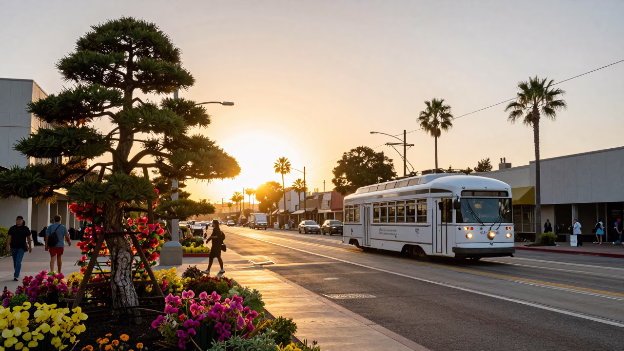 San Diego Sunset Street Scene with Bonsai Pine and Tramcar on Tree-Lined Boulevard in in San Diego, California, United States
