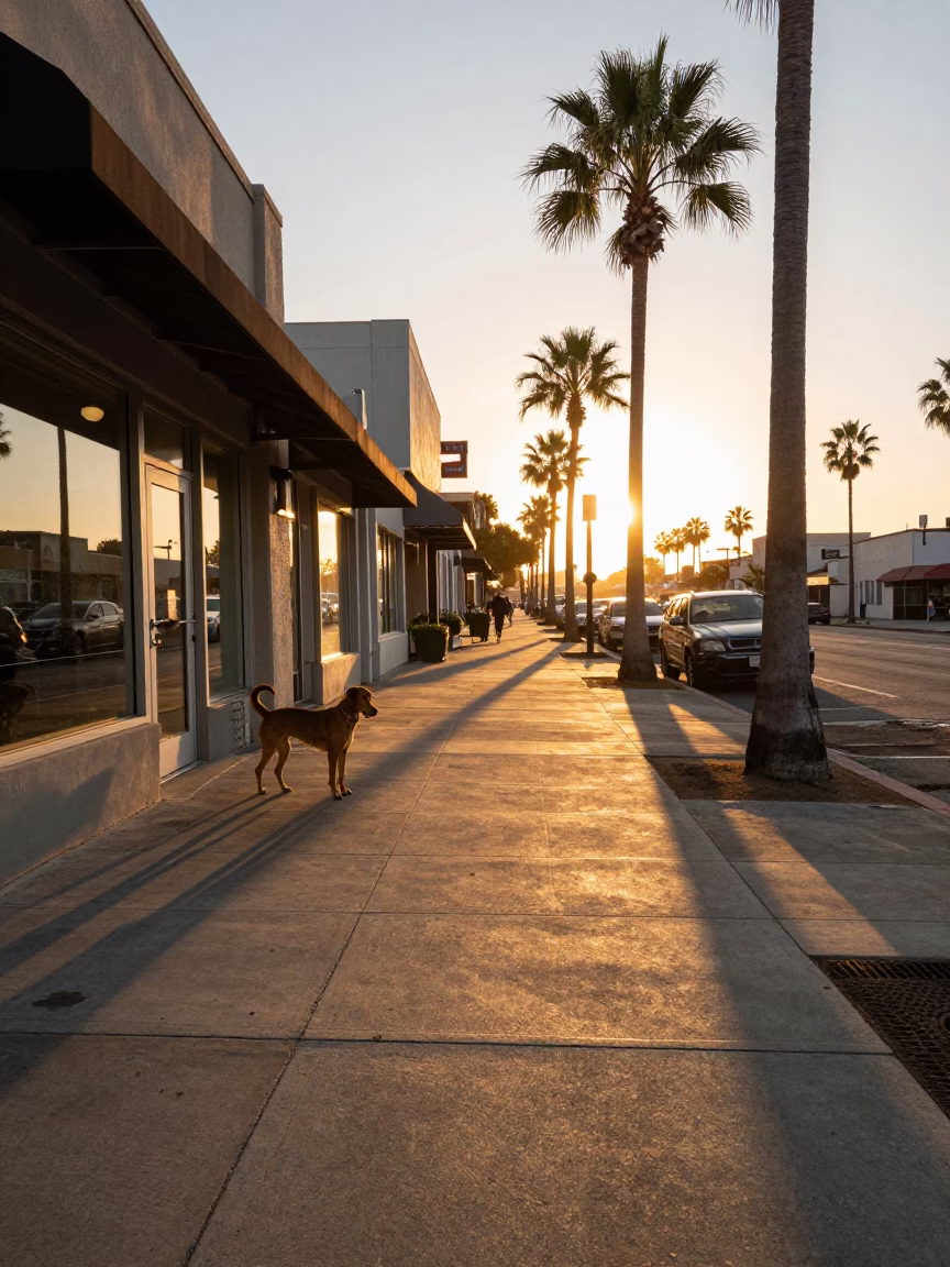 San Diego Sunset Street Scene with Brown Dog and Urban Details in in San Diego, California, United States