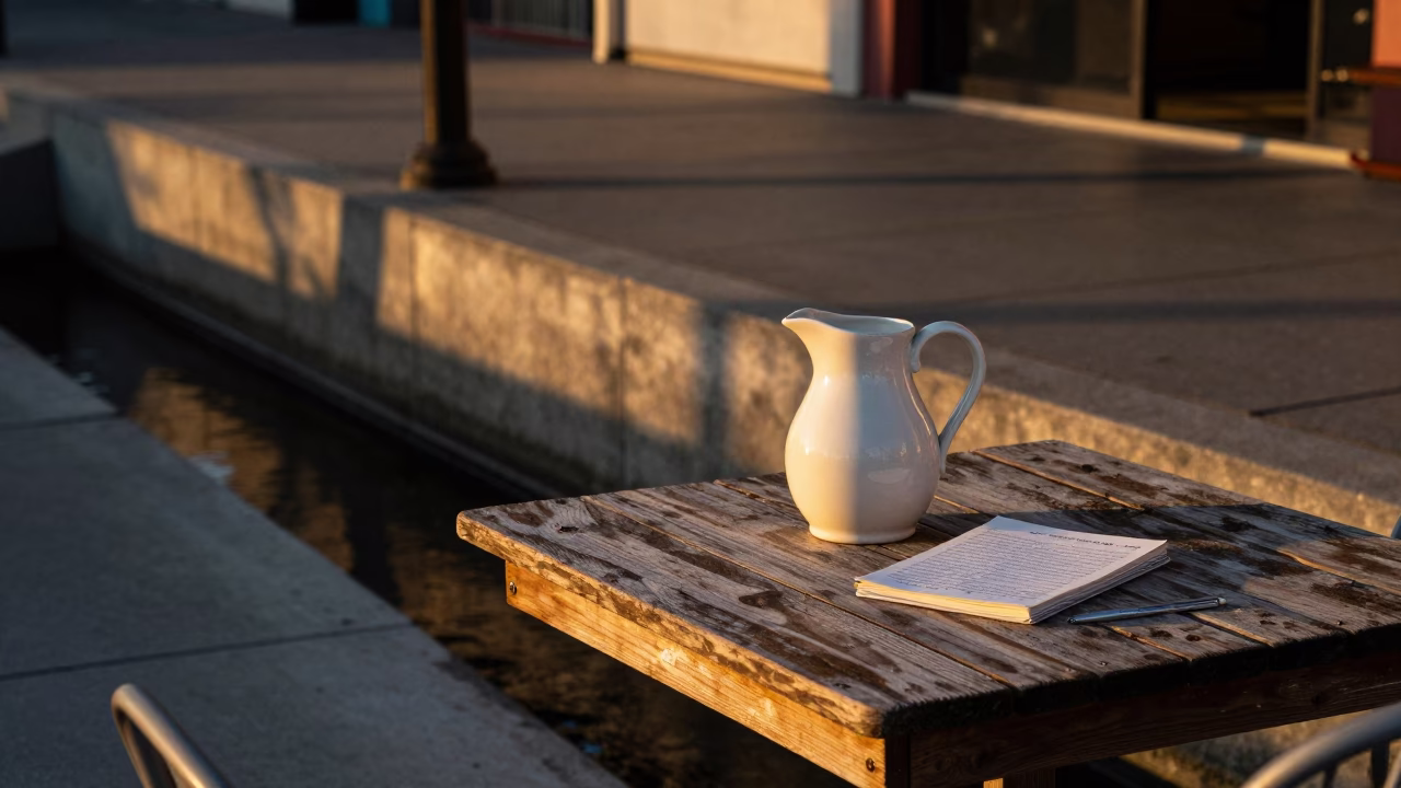 San Diego Sunset Street Scene with Ceramic Pitcher and Ledger on Concrete Cooling Canal in in San Diego, California, United States