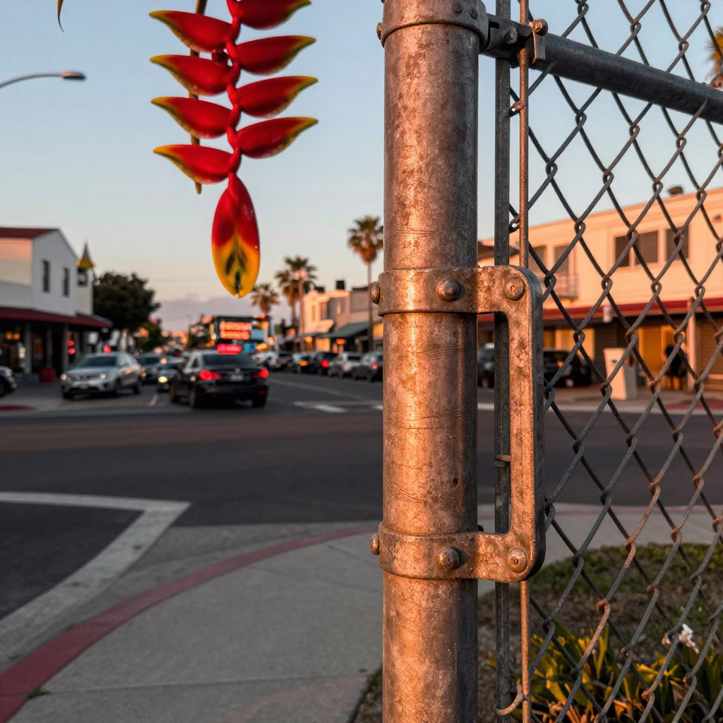 San Diego Sunset Street Scene with Heliconia and Turnbuckle Detail in in San Diego, California, United States