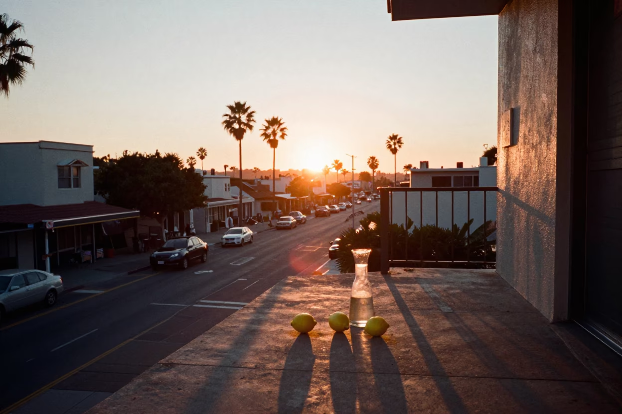 San Diego Sunset Street Scene with Lemons and Carafe on Balcony in in San Diego, California, United States