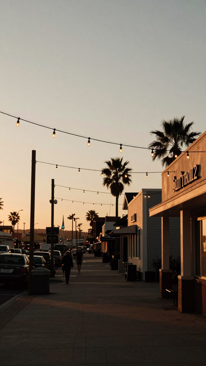 San Diego Sunset Street Scene with String Lights and Vintage Charm in in San Diego, California, United States