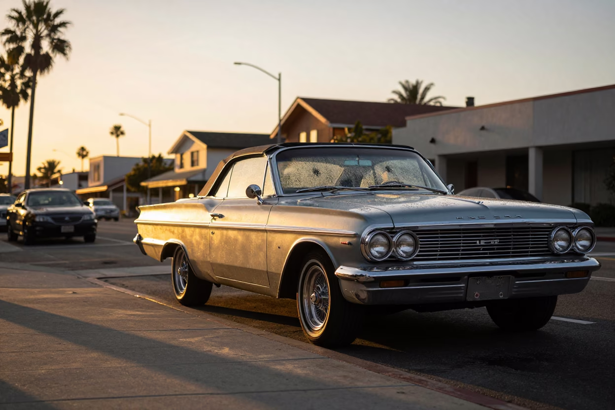 San Diego Sunset Street Scene with Vintage Car and Condensation on Hook Plate in in San Diego, California, United States