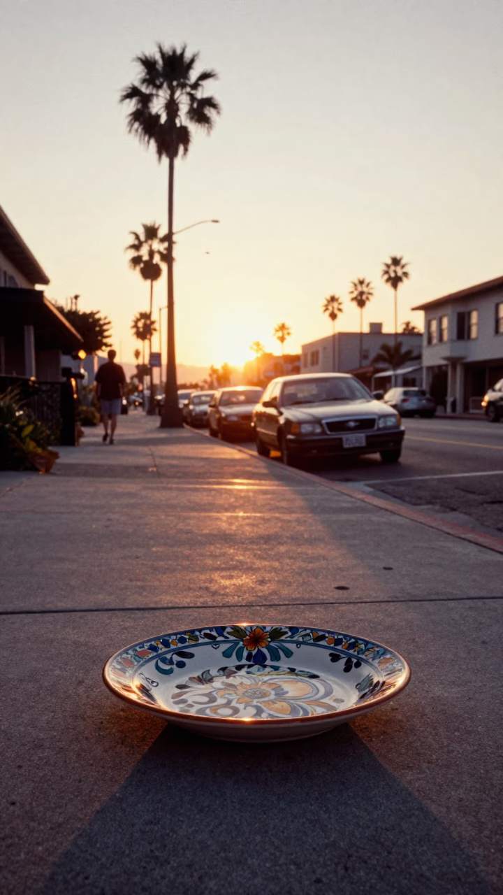 San Diego Sunset Street Scene with Vintage Majolica Plate and Watering Bottle in in San Diego, California, United States