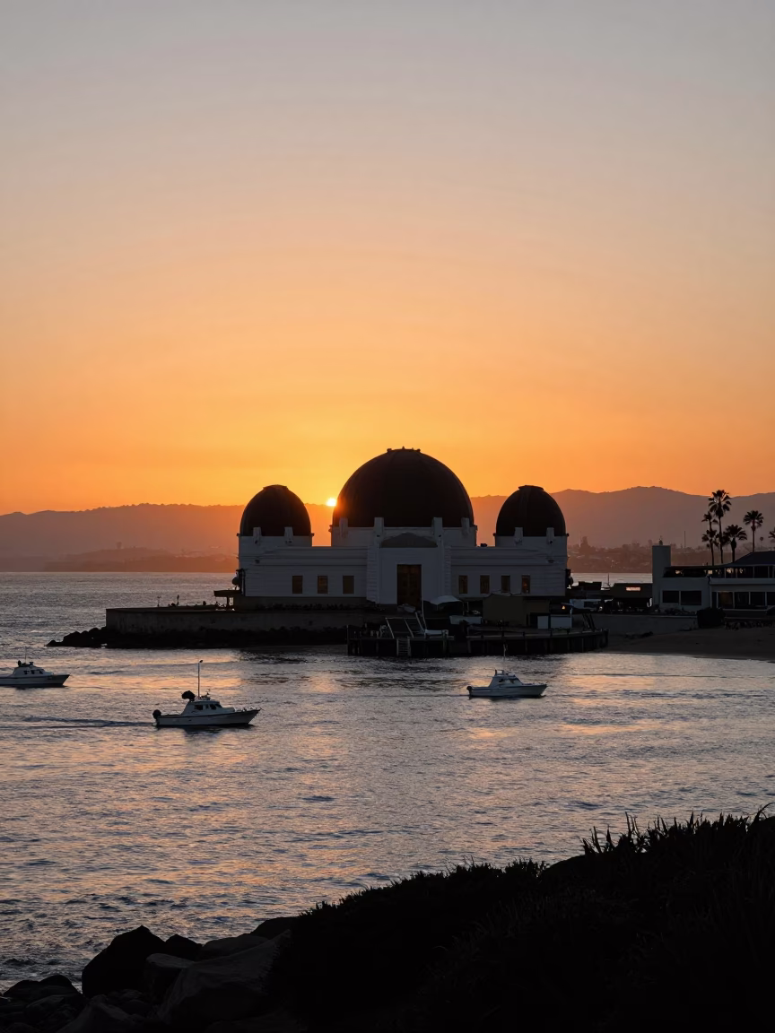 San Diego Sunset View of Observatory Dome Silhouette and Coastal Harbor Life in in San Diego, California, United States