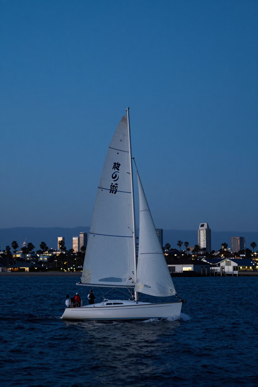 San Diego Twilight Harbor Scene with Sailboat Tacking into Headwind and Coastal Waterfront in in San Diego, California, United States