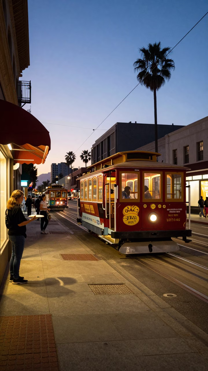 San Diego Twilight Street Scene with Cable Car and Urban Details in in San Diego, California, United States