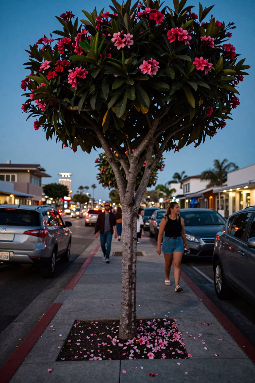 San Diego Twilight Street Scene with Plumeria Petals and Local Activity in in San Diego, California, United States