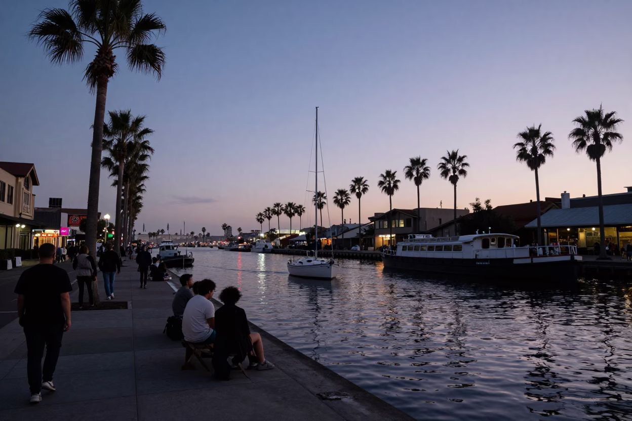 San Diego Twilight Street Scene with Sailboat and Canal Barge in in San Diego, California, United States