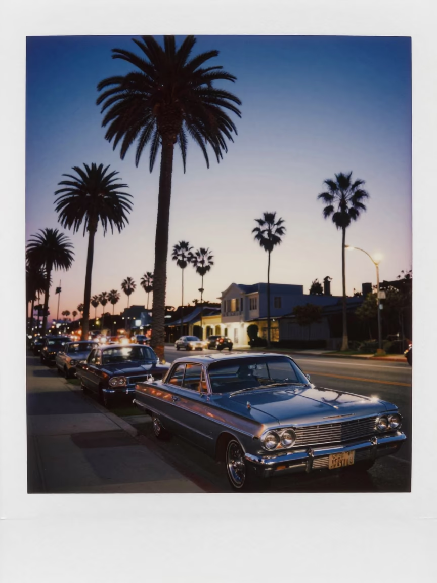 San Diego Twilight Street Scene with Vintage Cars and Palm Trees in in San Diego, California, United States