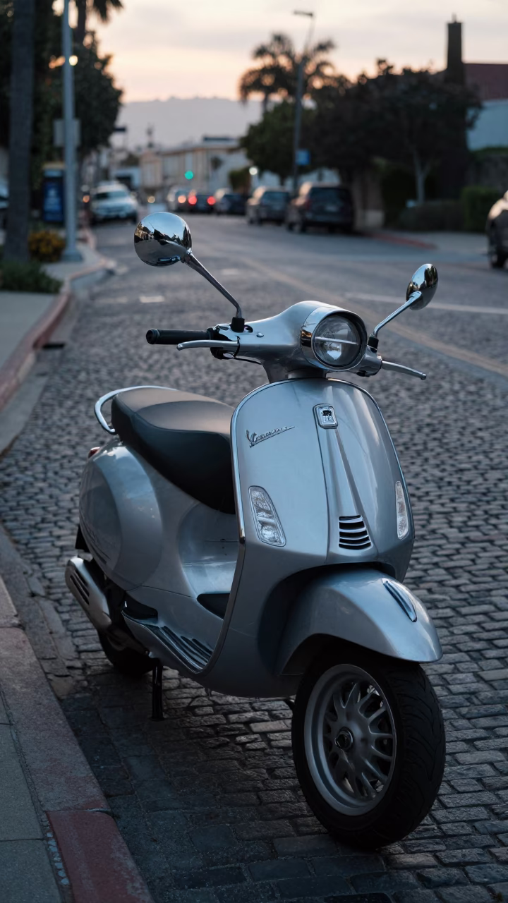 San Diego Vespa Parked at Sunrise Light in in San Diego, California, United States