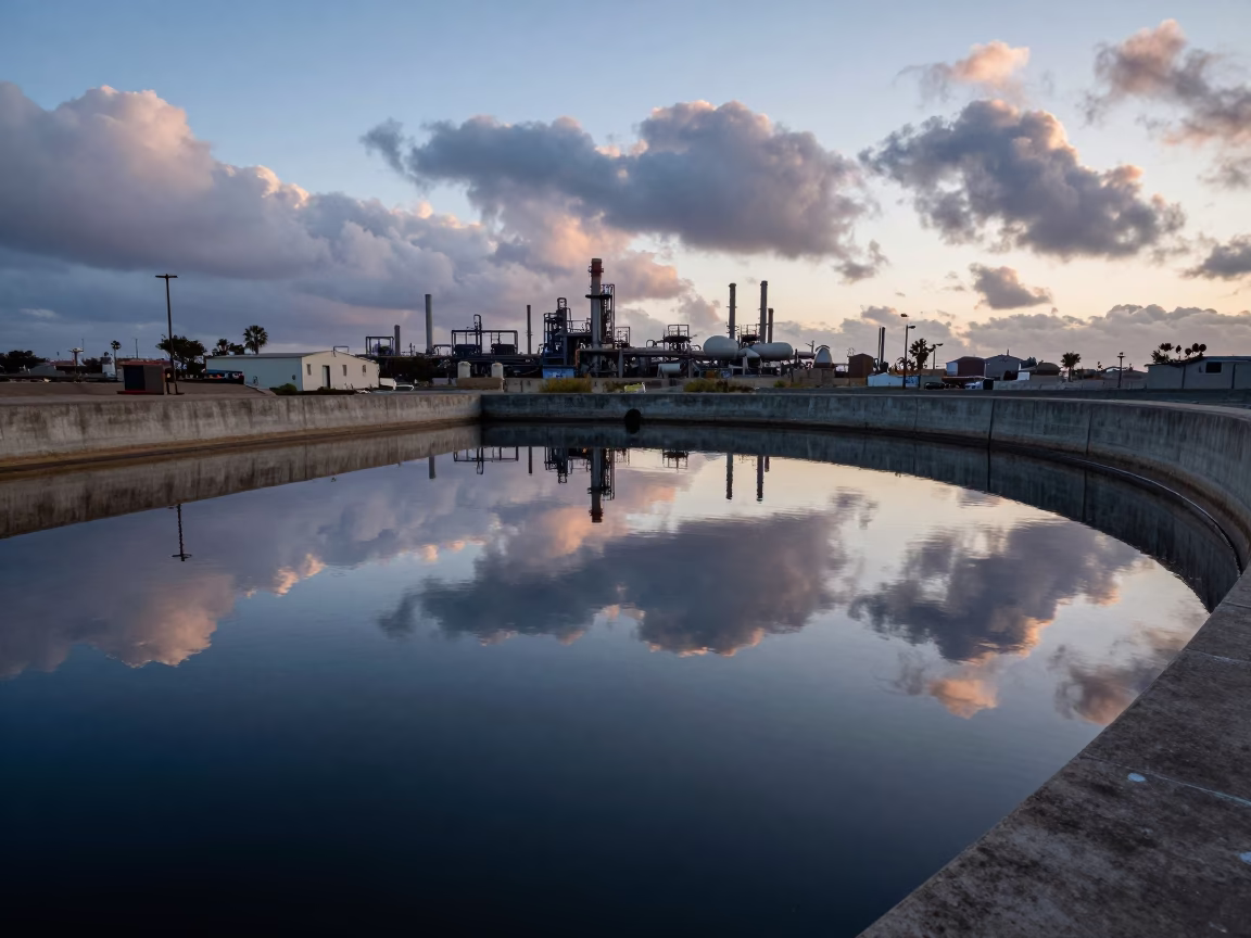 San Diego Water Treatment Basin Reflections at Blue Hour with Industrial Clouds in in San Diego, California, United States