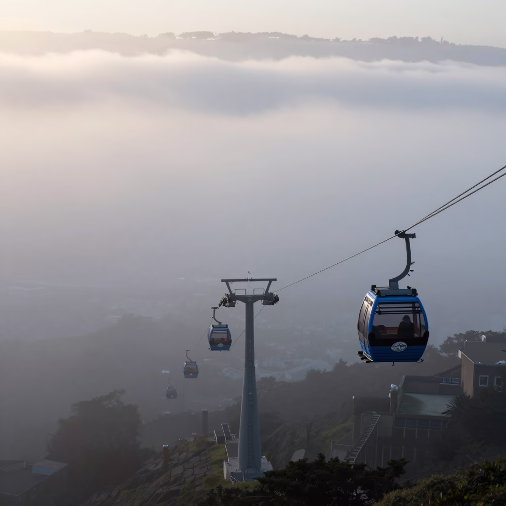 San Francisco Aerial Tramway Gondola Rising Through Morning Fog at Nautical Dawn in in San Francisco, California, United States