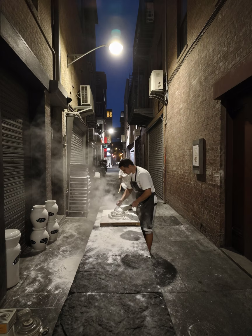 San Francisco Alleyway Night Scene with Flour Dust and Ceramic Glaze in in San Francisco, California, United States