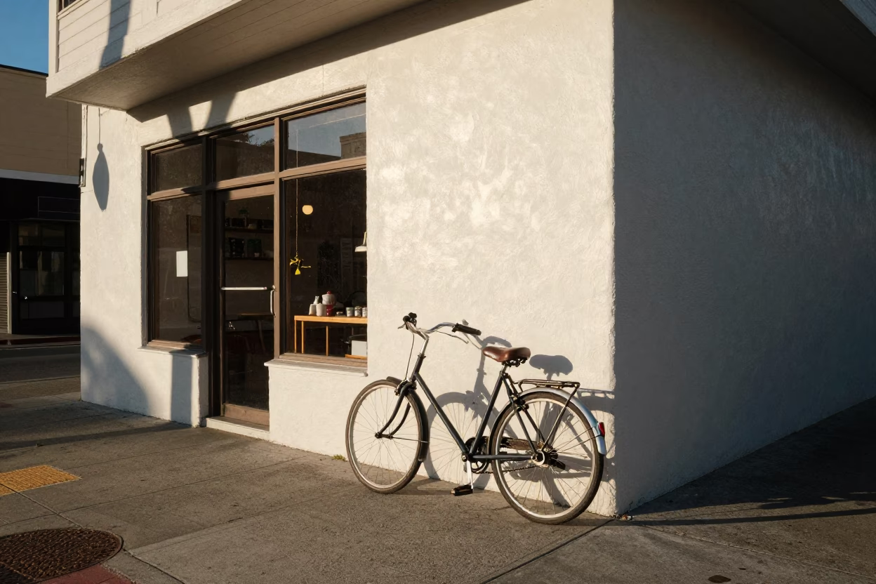 San Francisco Bakery Exterior Late Afternoon Light Bicycle Propped Against Door in in San Francisco, California, United States