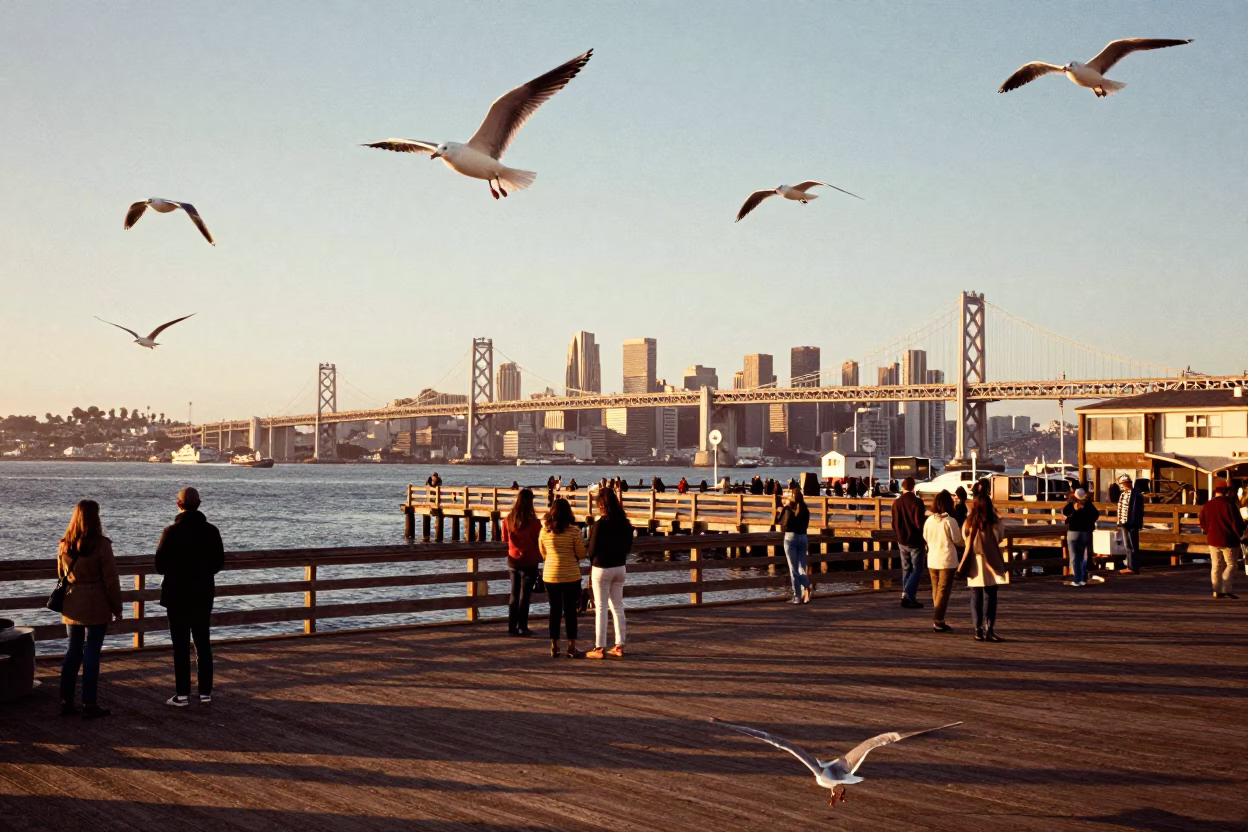 San Francisco Bay Bridge And Pier 39 Seagulls at Honeyed Evening Light in in San Francisco, California, United States
