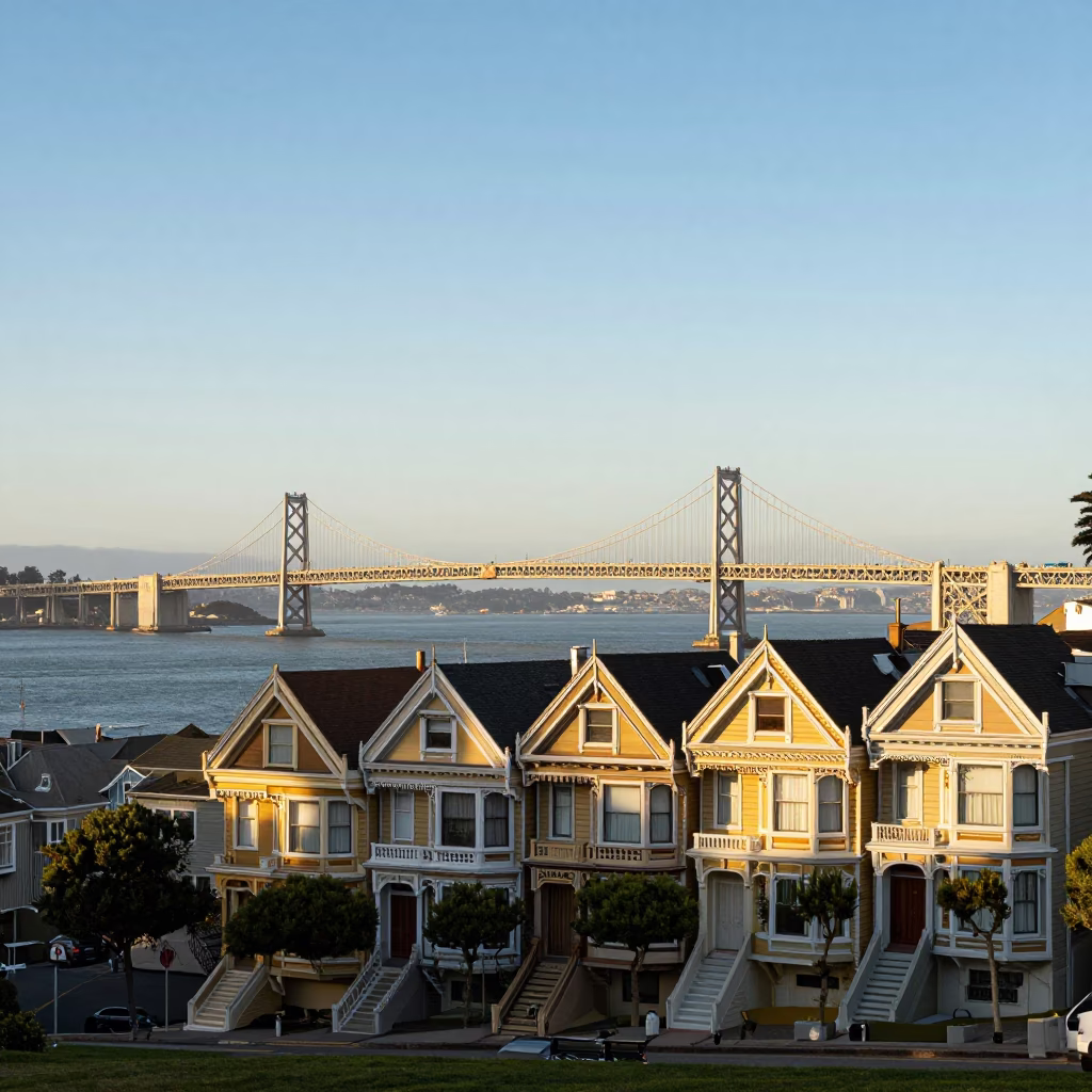San Francisco Bay Bridge and Victorian Homes in Late Afternoon Light in in San Francisco, California, United States