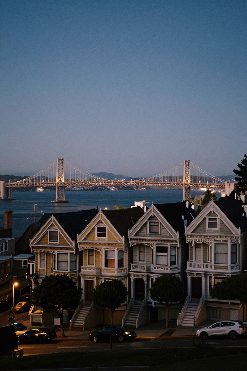 San Francisco Bay Bridge And Victorian Houses at Twilight in in San Francisco, California, United States