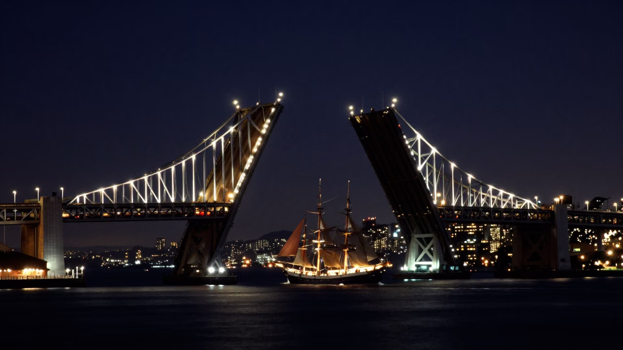 San Francisco Bay Bridge Drawbridge Raising at Night with Tall Ship Passage in in San Francisco, California, United States