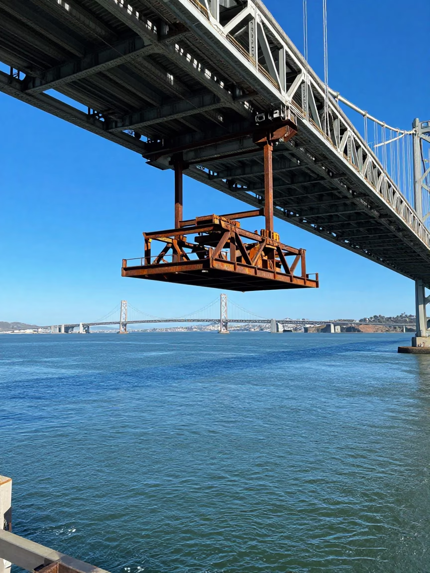 San Francisco Bay Bridge Maintenance Cradle Hanging Over Cold Water at Midday in in San Francisco, California, United States