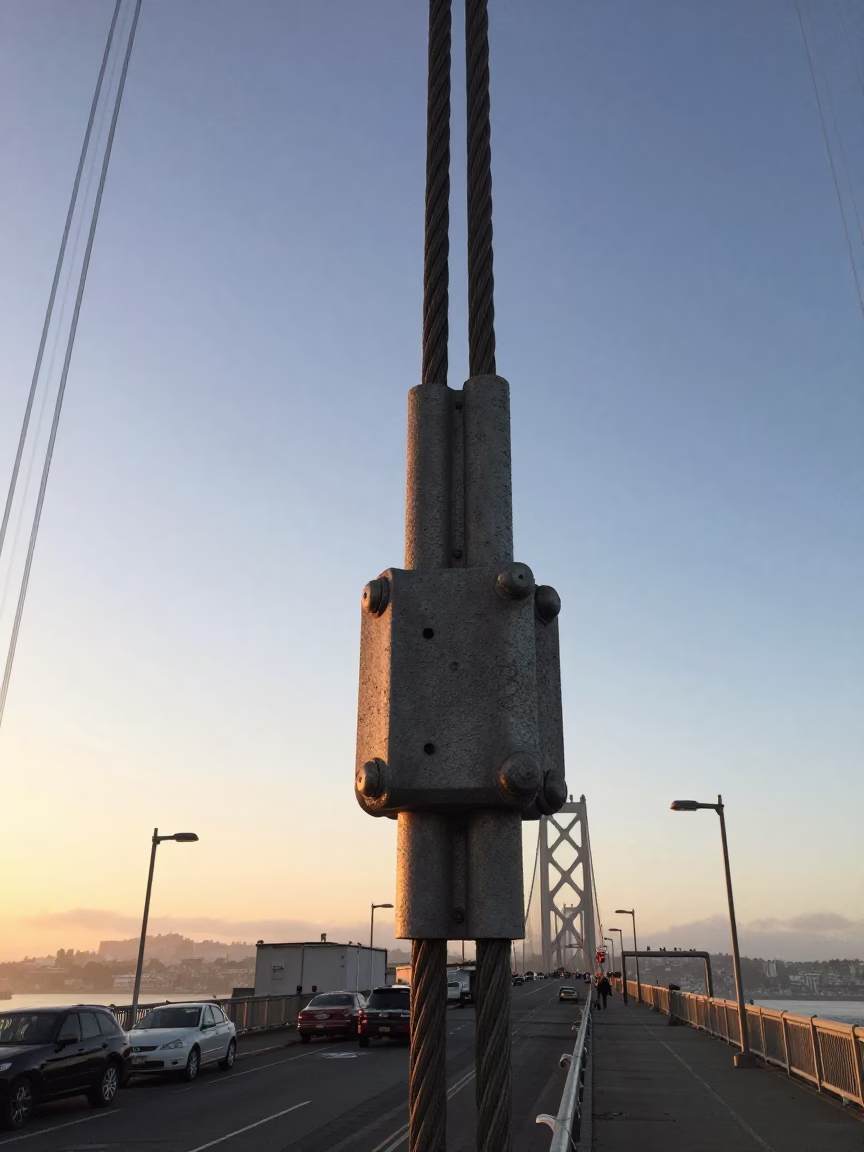 San Francisco Bay Bridge Turnbuckle and Cable Details at Sunrise in in San Francisco, California, United States