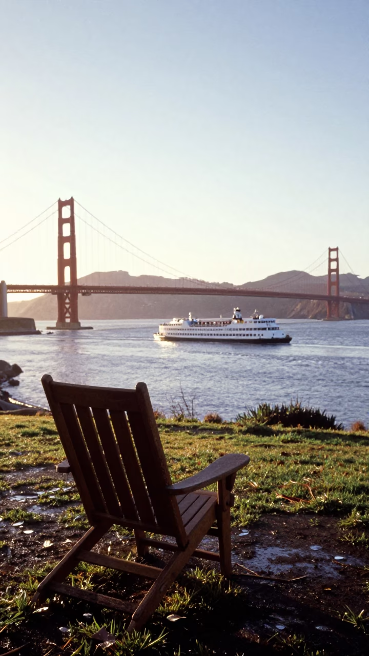 San Francisco Bay Ferry Sunrise View from Golden Gate Park Deck Chair in in San Francisco, California, United States