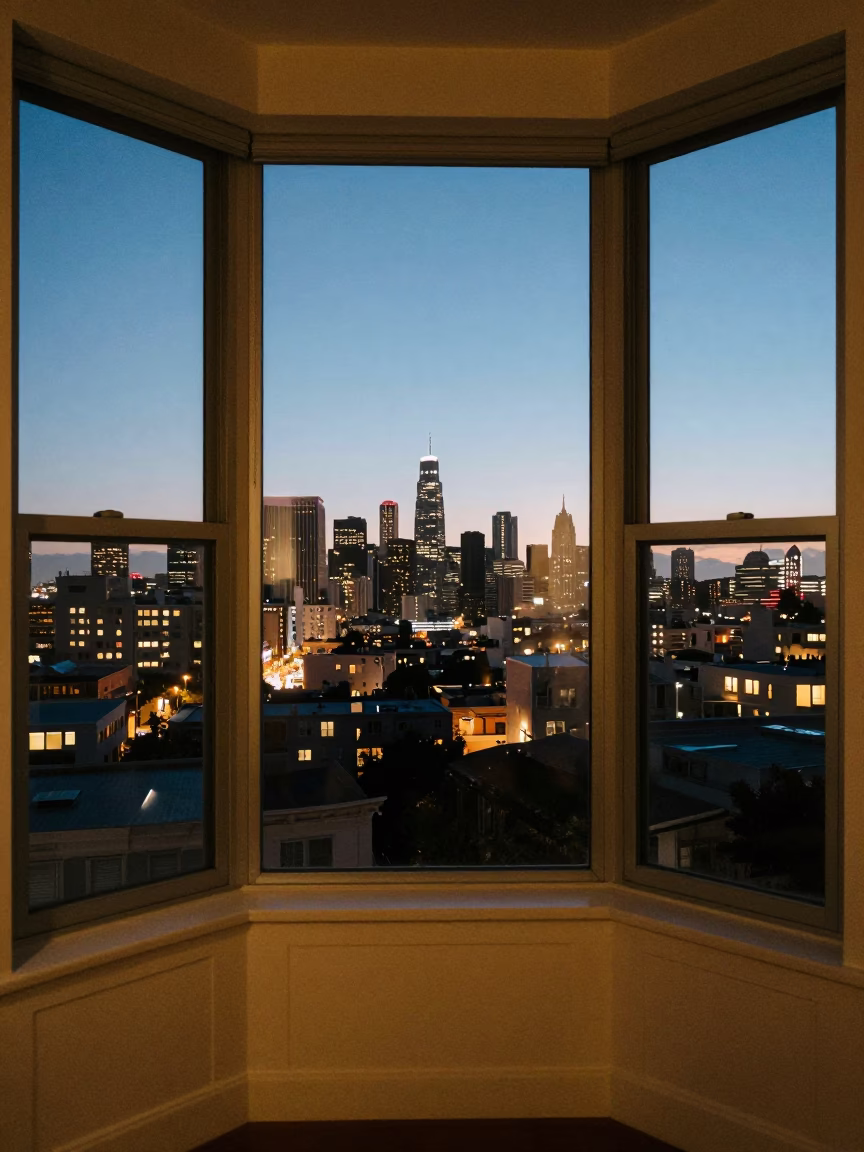 San Francisco Bay Window View at Dusk with City Lights and Rain in in San Francisco, California, United States