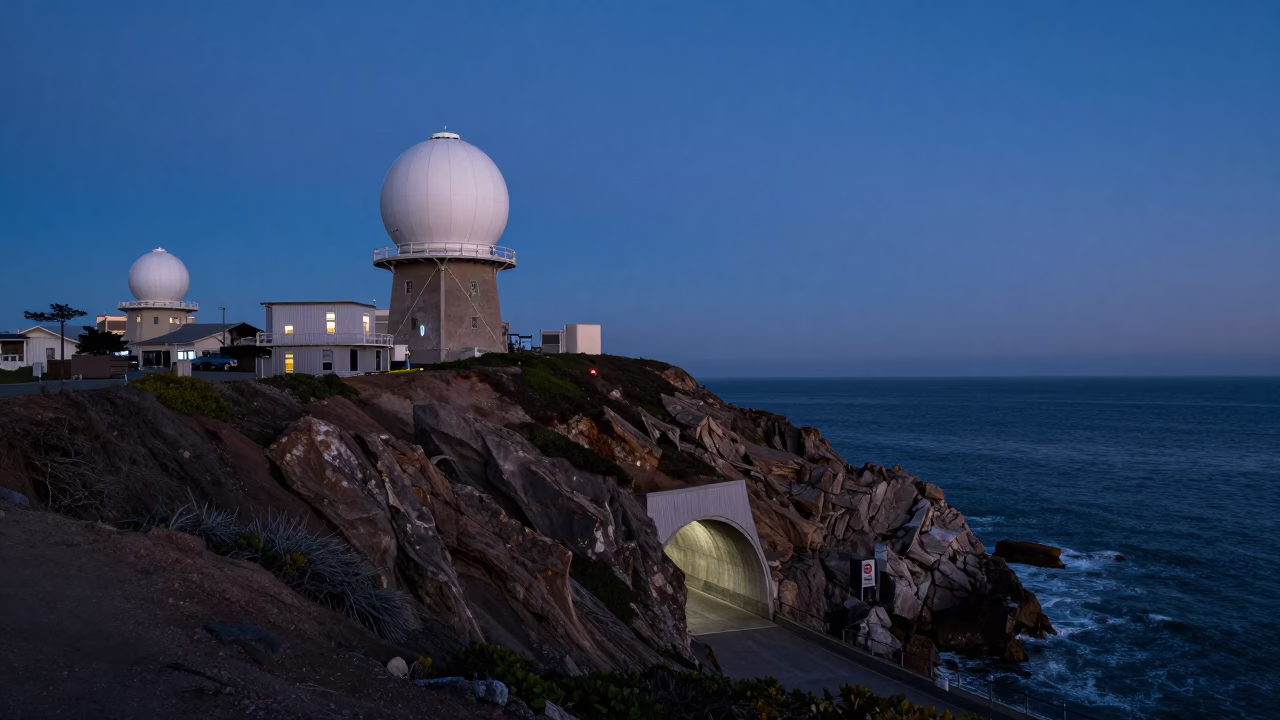 San Francisco Blue Hour Coastal Bluff Weather Radar Installation and Tunnel Retaining Wall in in San Francisco, California, United States