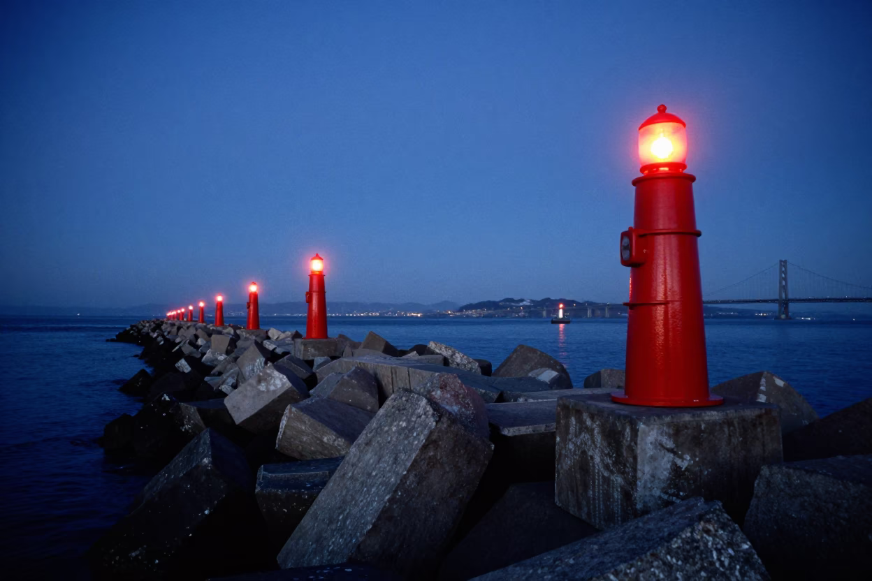 San Francisco Blue Hour Coastal Breakwater Warning Beacons and Harbor Reflections in in San Francisco, California, United States