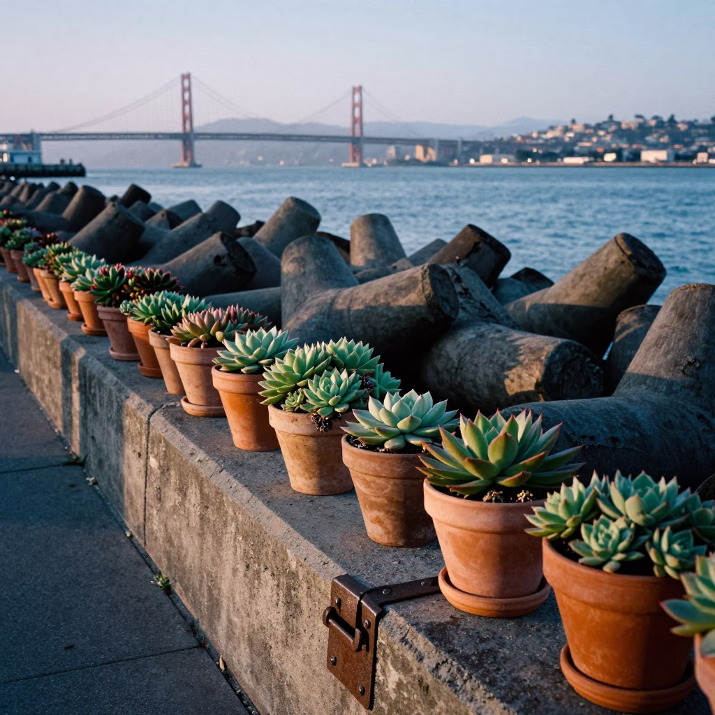 San Francisco Blue Hour Harbor Breakwater with Succulents and Iron Deadbolt in in San Francisco, California, United States