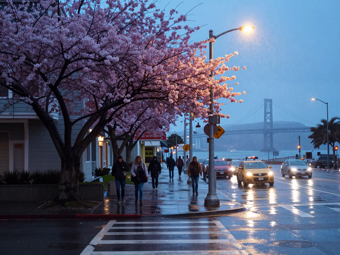 San Francisco Blue Hour Street Scene with Cherry Blossoms and Harbor Drizzle in in San Francisco, California, United States