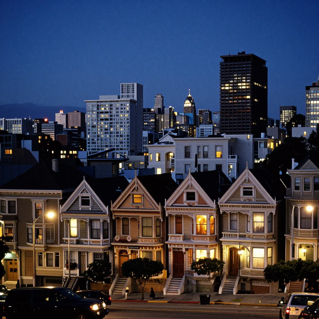 San Francisco Blue Hour Street Scene with City Lights and Window Boxes in in San Francisco, California, United States