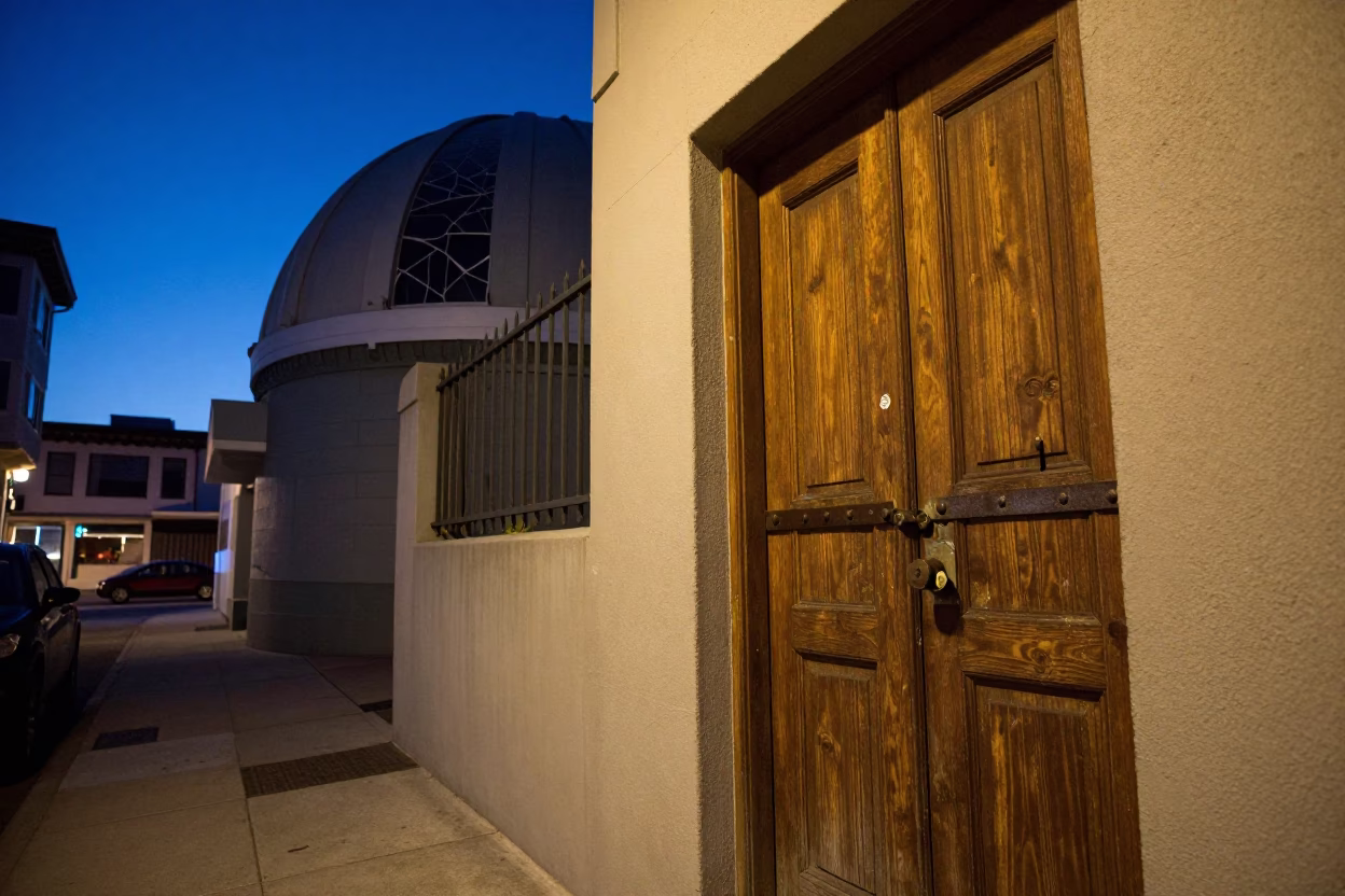 San Francisco Blue Hour Street Scene with Cracked Observatory Window and Iron Deadbolt in in San Francisco, California, United States
